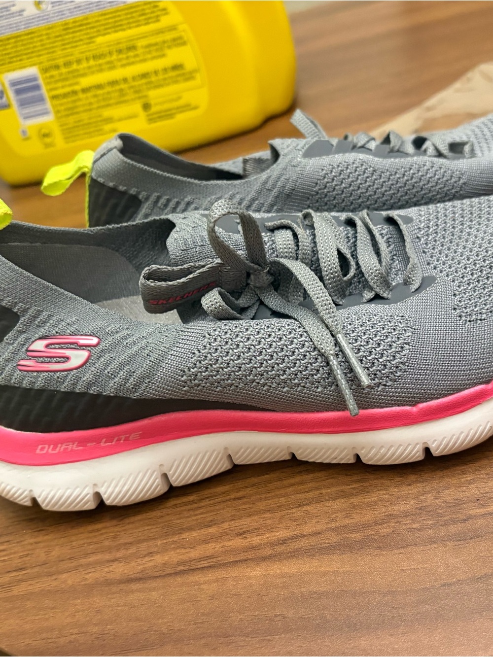 Skechers Women’s Gray Knit Slip-On Sneakers with Pink Midsole and Neon Heel Tab